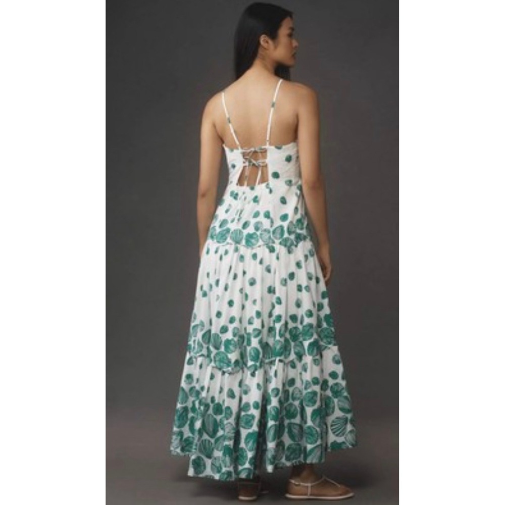 Anthropologie Green White Seashell Print Tiered Maxi Dress Halter Strappy Back - Picture 2 of 9